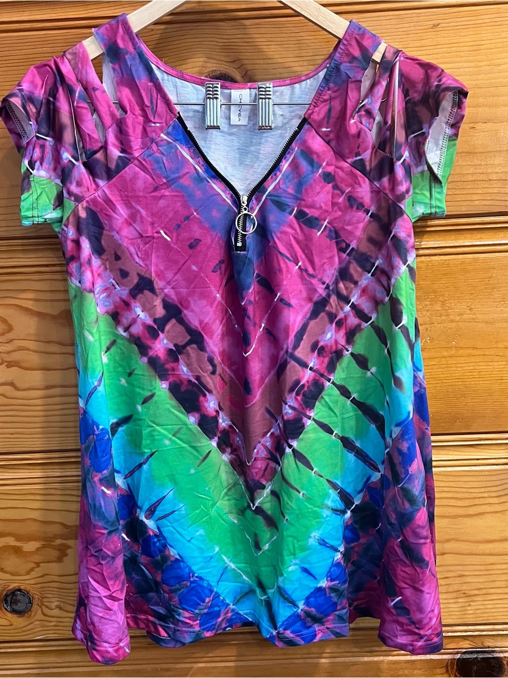 Chicyea Tie-Dye Cold Strappy Cutout Slit Shoulder Blouse Boho Hippie XL Zip